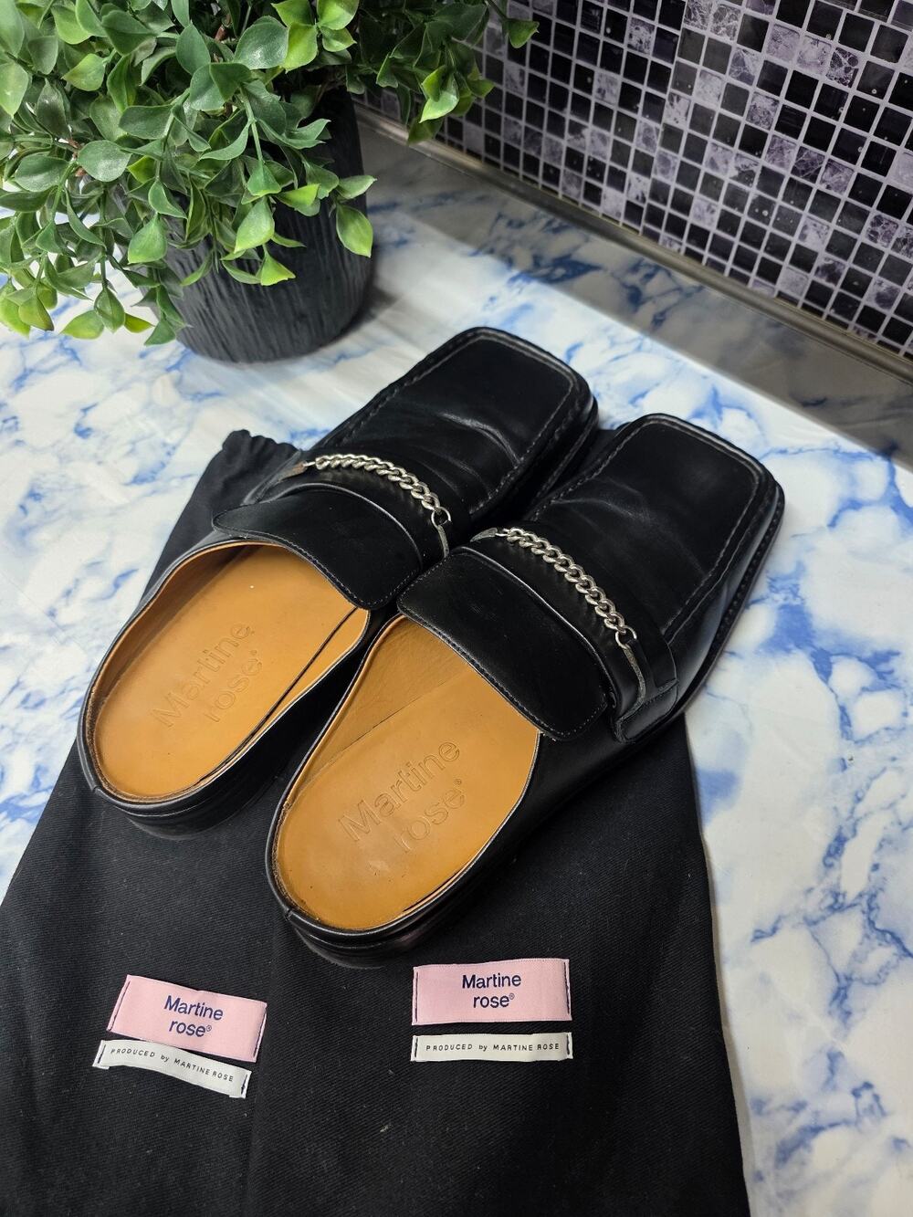 MARTINE ROSE BLACK LOAFER MULES. LEATHER. UNISEX.